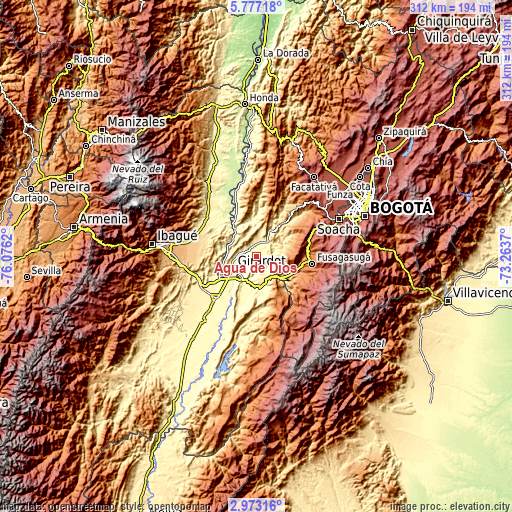 Topographic map of Agua de Dios