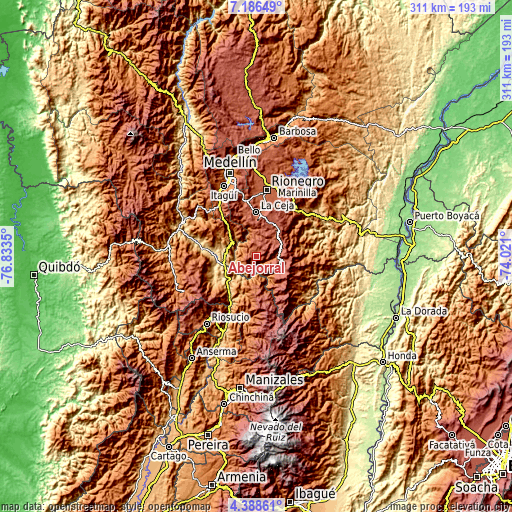 Topographic map of Abejorral