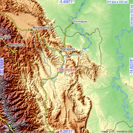 Topographic map of Tres Unidos