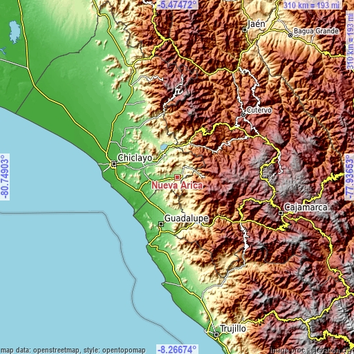 Topographic map of Nueva Arica