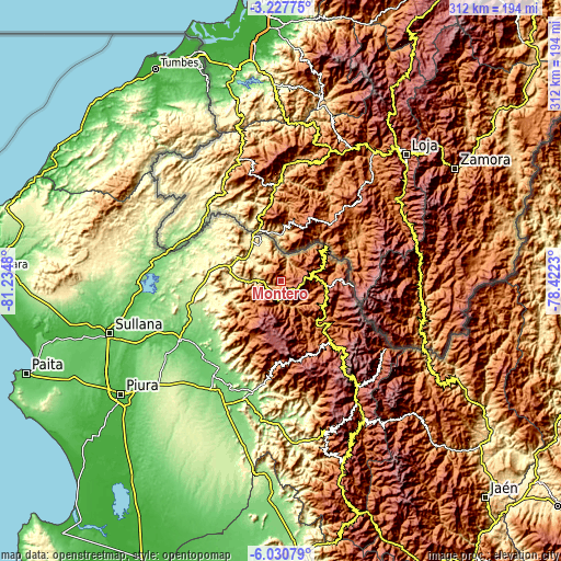 Topographic map of Montero