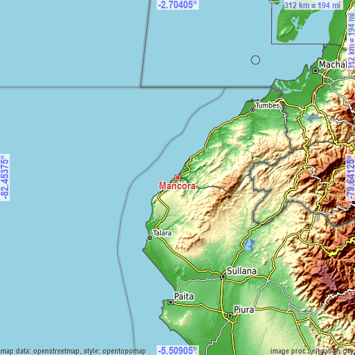 Topographic map of Máncora