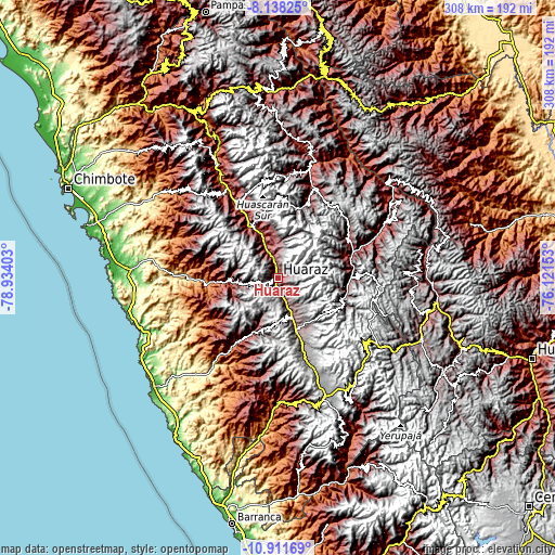 Topographic map of Huaraz
