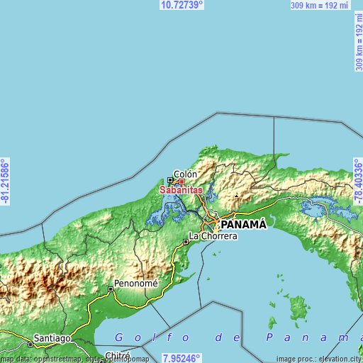 Topographic map of Sabanitas