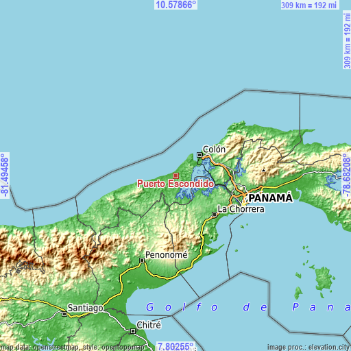 Topographic map of Puerto Escondido