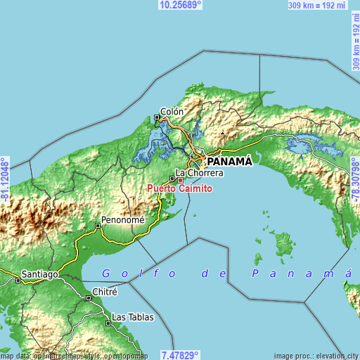 Topographic map of Puerto Caimito