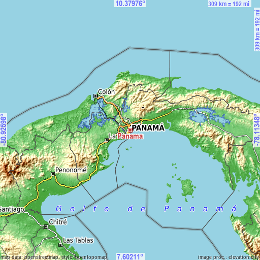 Topographic map of Panamá