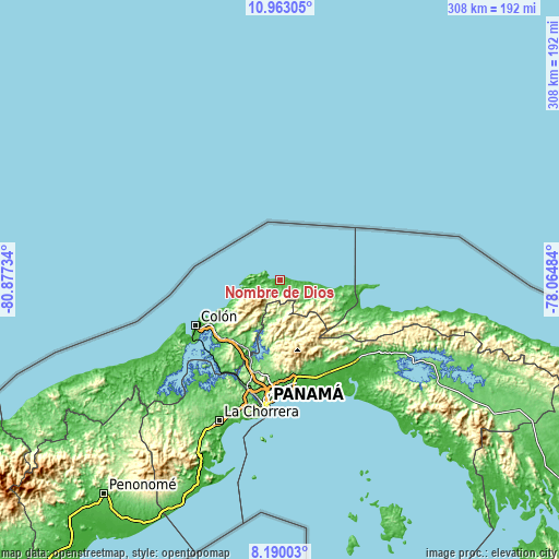 Topographic map of Nombre de Dios