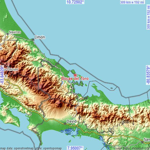 Topographic map of Bocas del Toro
