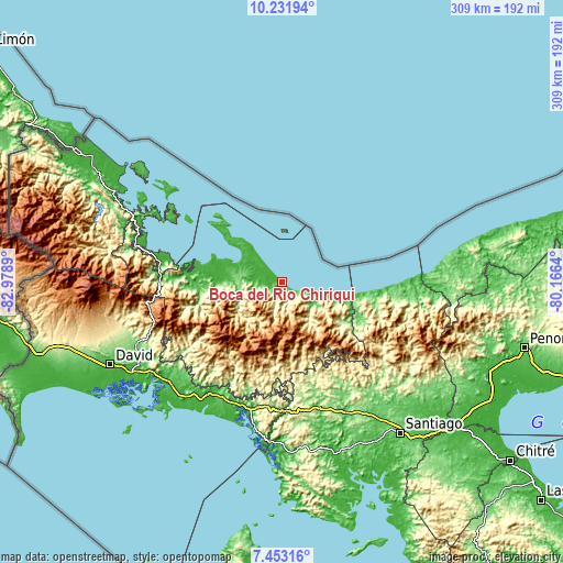 Topographic map of Boca del Río Chiriquí