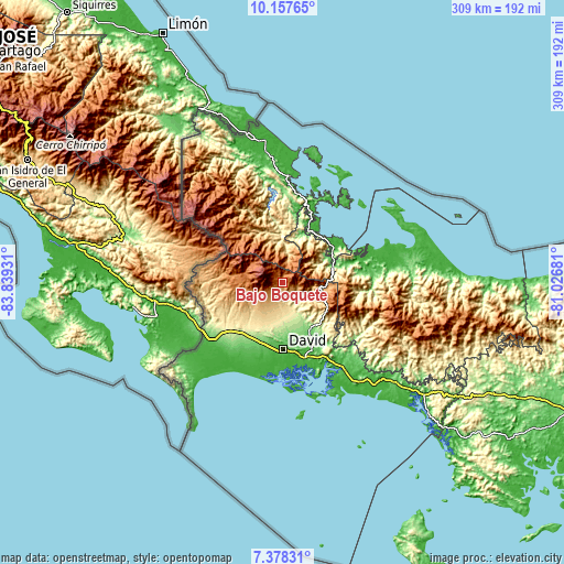 Topographic map of Bajo Boquete