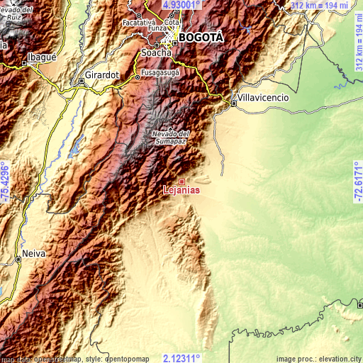 Topographic map of Lejanías
