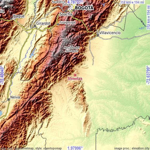 Topographic map of Mesetas