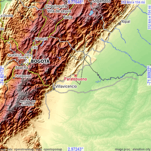 Topographic map of Paratebueno
