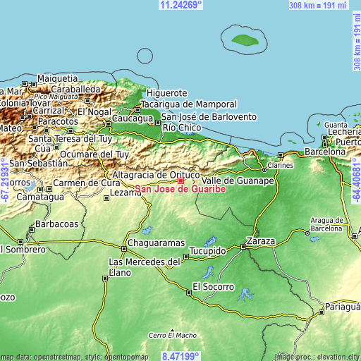 Topographic map of San José de Guaribe