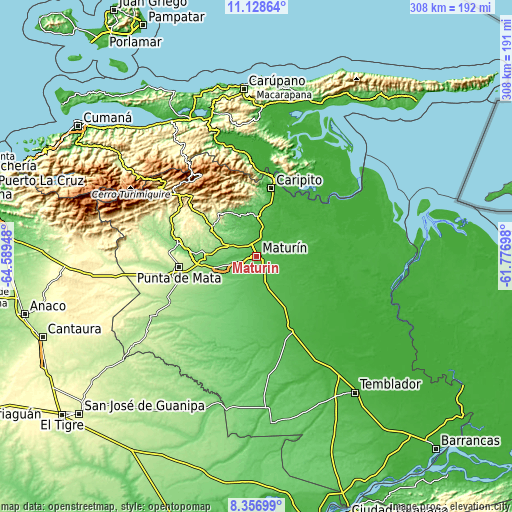Topographic map of Maturín