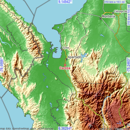 Topographic map of Carepa