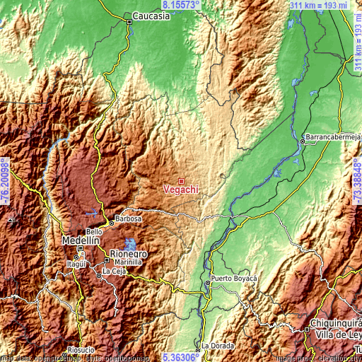 Topographic map of Vegachí