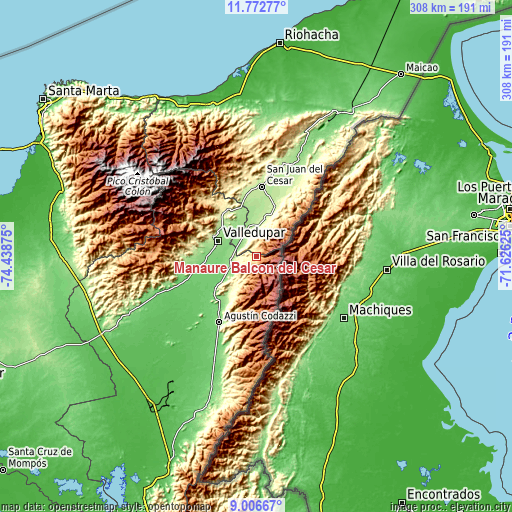 Topographic map of Manaure Balcón del Cesar