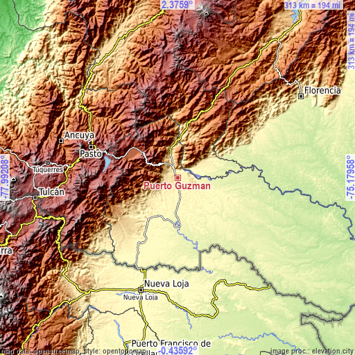 Topographic map of Puerto Guzmán