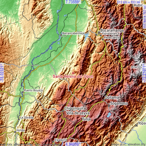 Topographic map of Santa Helena del Opón