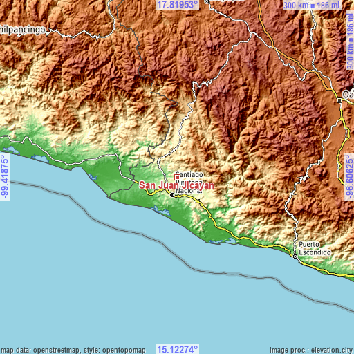 Topographic map of San Juan Jicayán