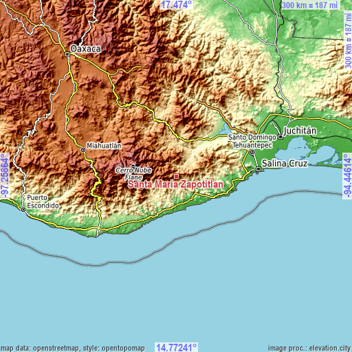 Topographic map of Santa María Zapotitlán