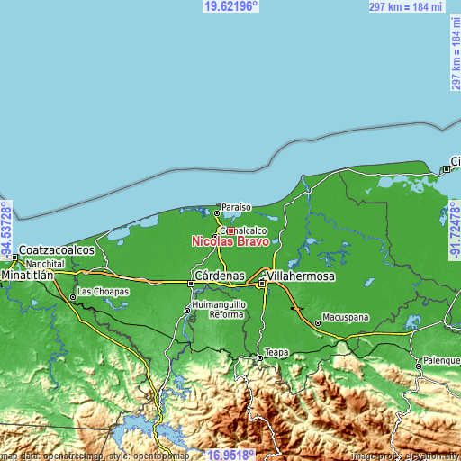Topographic map of Nicolás Bravo