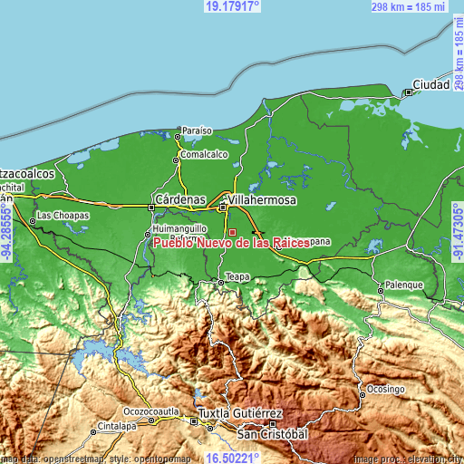 Topographic map of Pueblo Nuevo de las Raíces