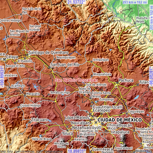 Topographic map of San Bartolo Ozocalpan