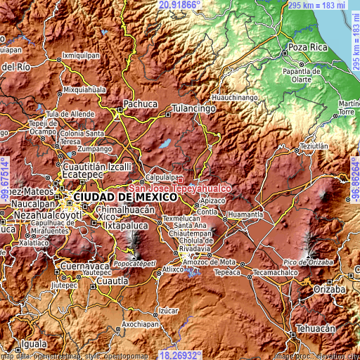 Topographic map of San José Tepeyahualco