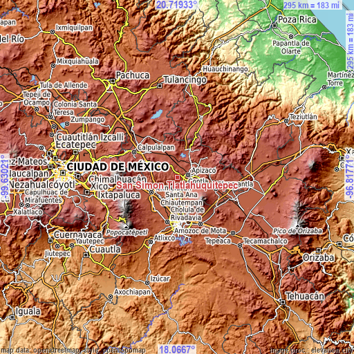 Topographic map of San Simón Tlatlahuquitepec