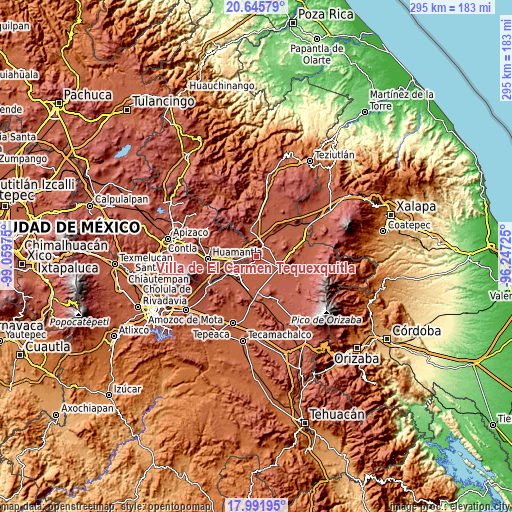 Topographic map of Villa de El Carmen Tequexquitla