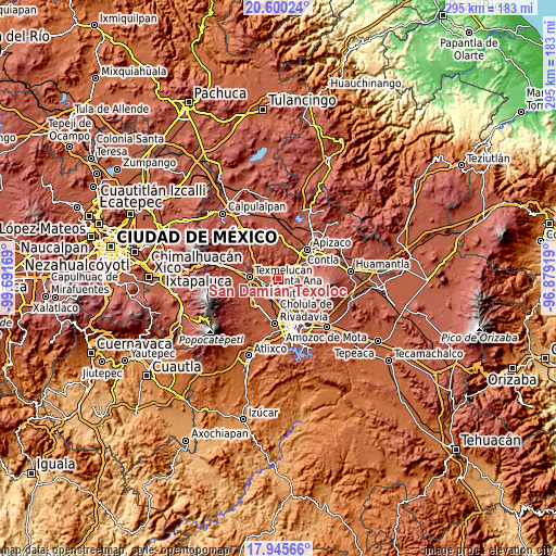 Topographic map of San Damián Texoloc