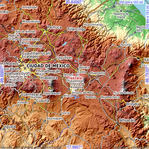 Topographic map of Tlaxcala