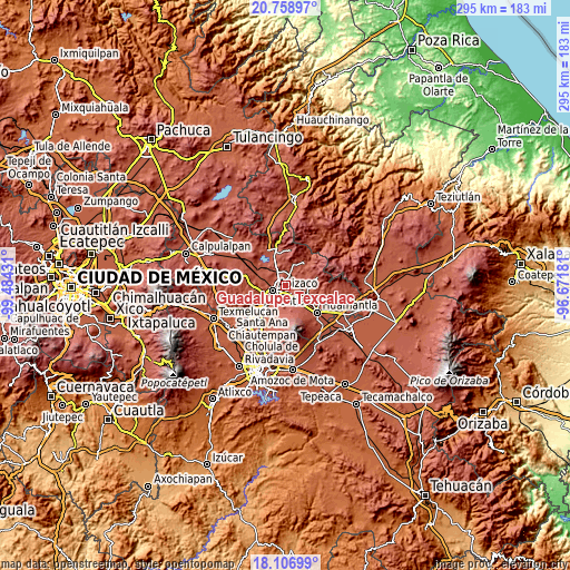 Topographic map of Guadalupe Texcalac