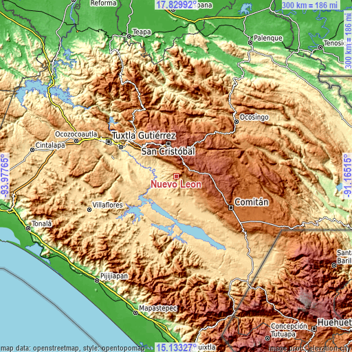 Topographic map of Nuevo León