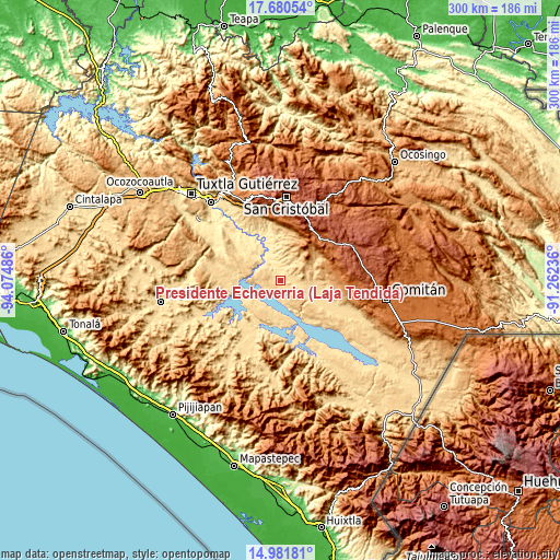 Topographic map of Presidente Echeverría (Laja Tendida)