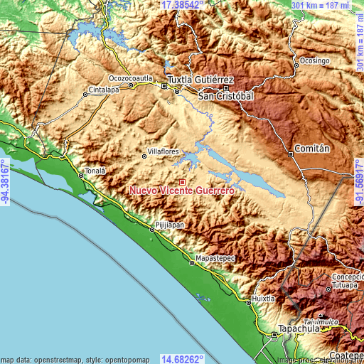 Topographic map of Nuevo Vicente Guerrero