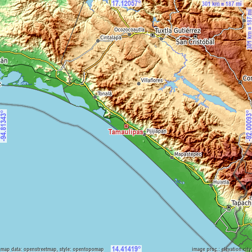 Topographic map of Tamaulipas