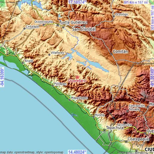 Topographic map of Querétaro