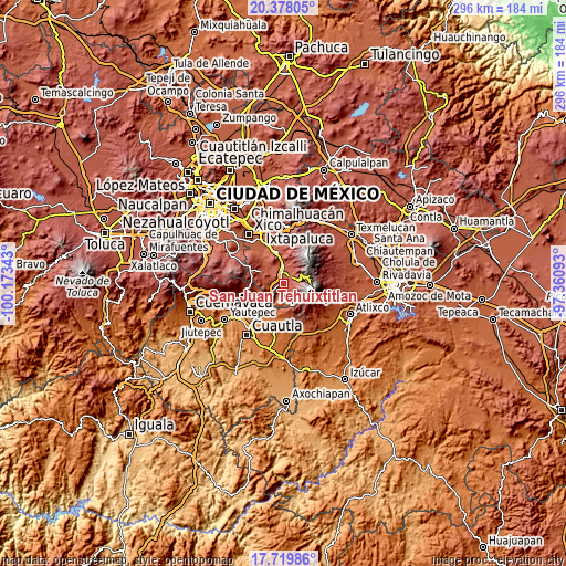 Topographic map of San Juan Tehuixtitlán