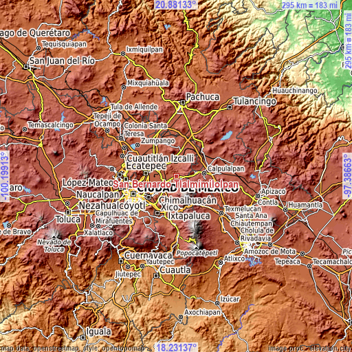 Topographic map of San Bernardo Tlalmimilolpan
