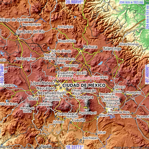 Topographic map of San Lorenzo Tlalmimilolpan
