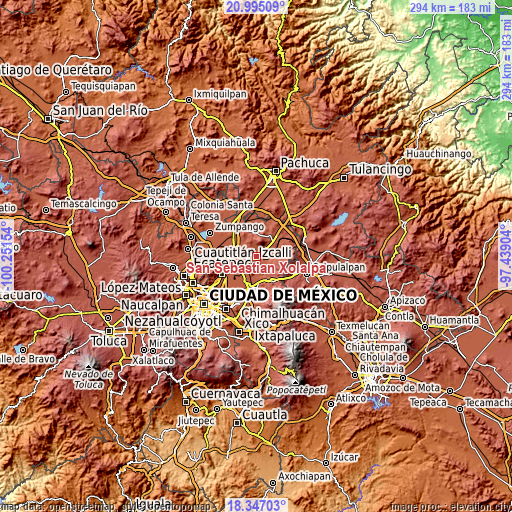 Topographic map of San Sebastián Xolalpa