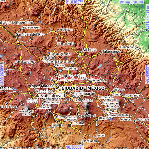 Topographic map of San Antonio de las Palmas