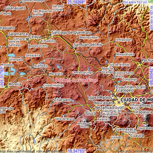 Topographic map of Bobashi de Guadalupe