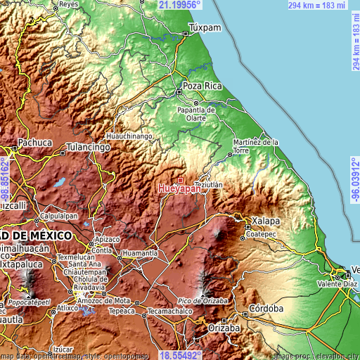 Topographic map of Hueyapán