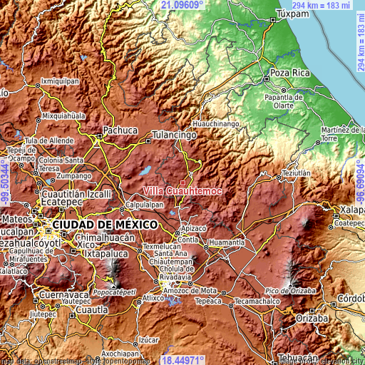 Topographic map of Villa Cuauhtémoc