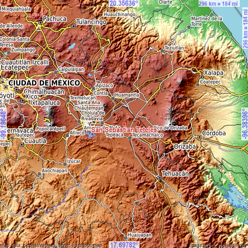 Topographic map of San Sebastián Teteles